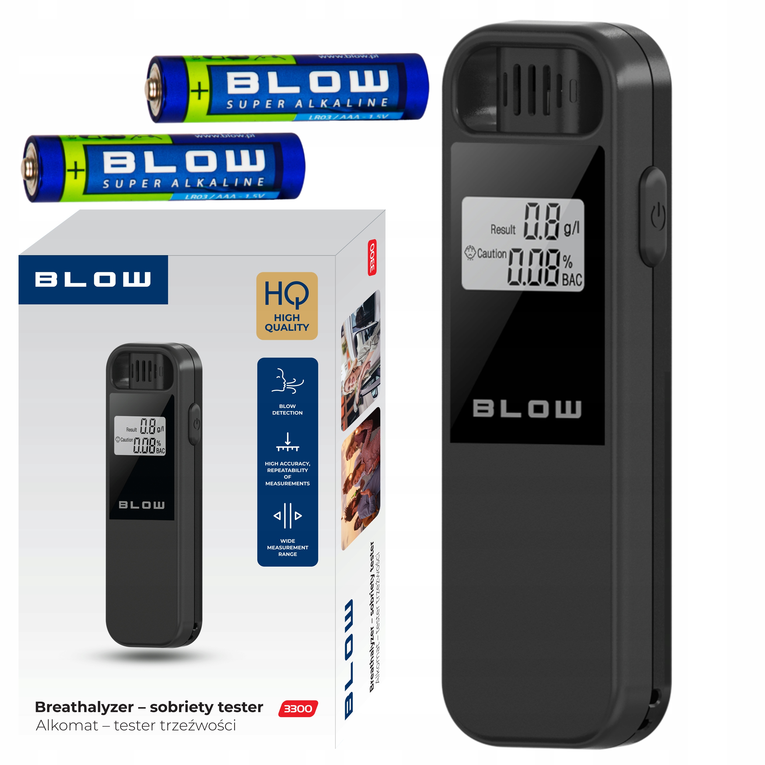 Blow 3300 čierny polovodičový alkohol tester + Blow AAA (R3) alkalické batérie 2 ks.